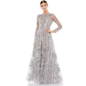 Floral Embroidered Sequin Illusion Boat Neck Long Sleeve Gown NWOT